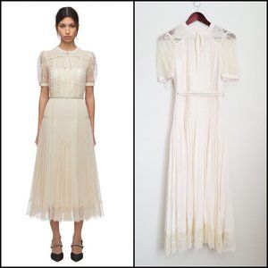 NWOT Self-Portrait Crystal-embellished Pleated Chiffon and Lace Cream Dress, 4
